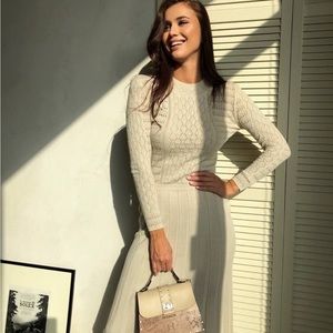 Knit Midi Hollow Out Dress, Pleated Skirt Dress, Modest Dress Long Sleeves